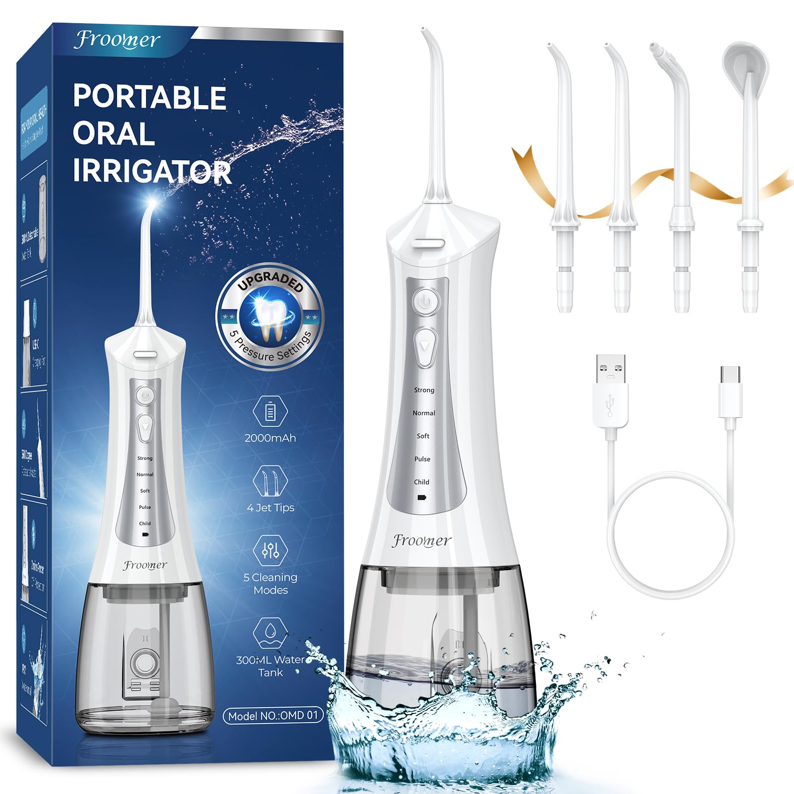 Froomer Water Flosser for Teeth Cordless 300ML Powerful Water Teeth Cleaner Pick Rechargeable Oral Irrigator 5 Modes Water Dental Flosser Teeth Pick for Teeth CleaningHome Use Travel Friendly
